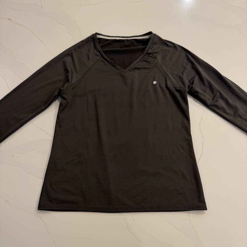 Lucky Brand Womens V-Neck Long Sleeve Activewear Top Charcoal Gray Clover Logo